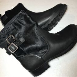 DKNY Black Leather and Fur Combat Boots 