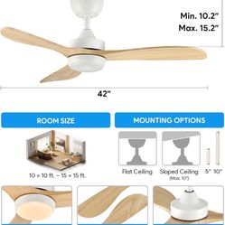 Ceiling Fans with Lights, 42 Inch Ceiling Fan and Remote, 6-Speeds Noiseless Reversible DC Motor, 3CCT, Wood Ceiling Fan for Outdoor Indoor Farmhouse