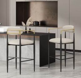 Set of 2 Upholstered Bar Stools with Backrest Metal Frame Beige/Black 42"