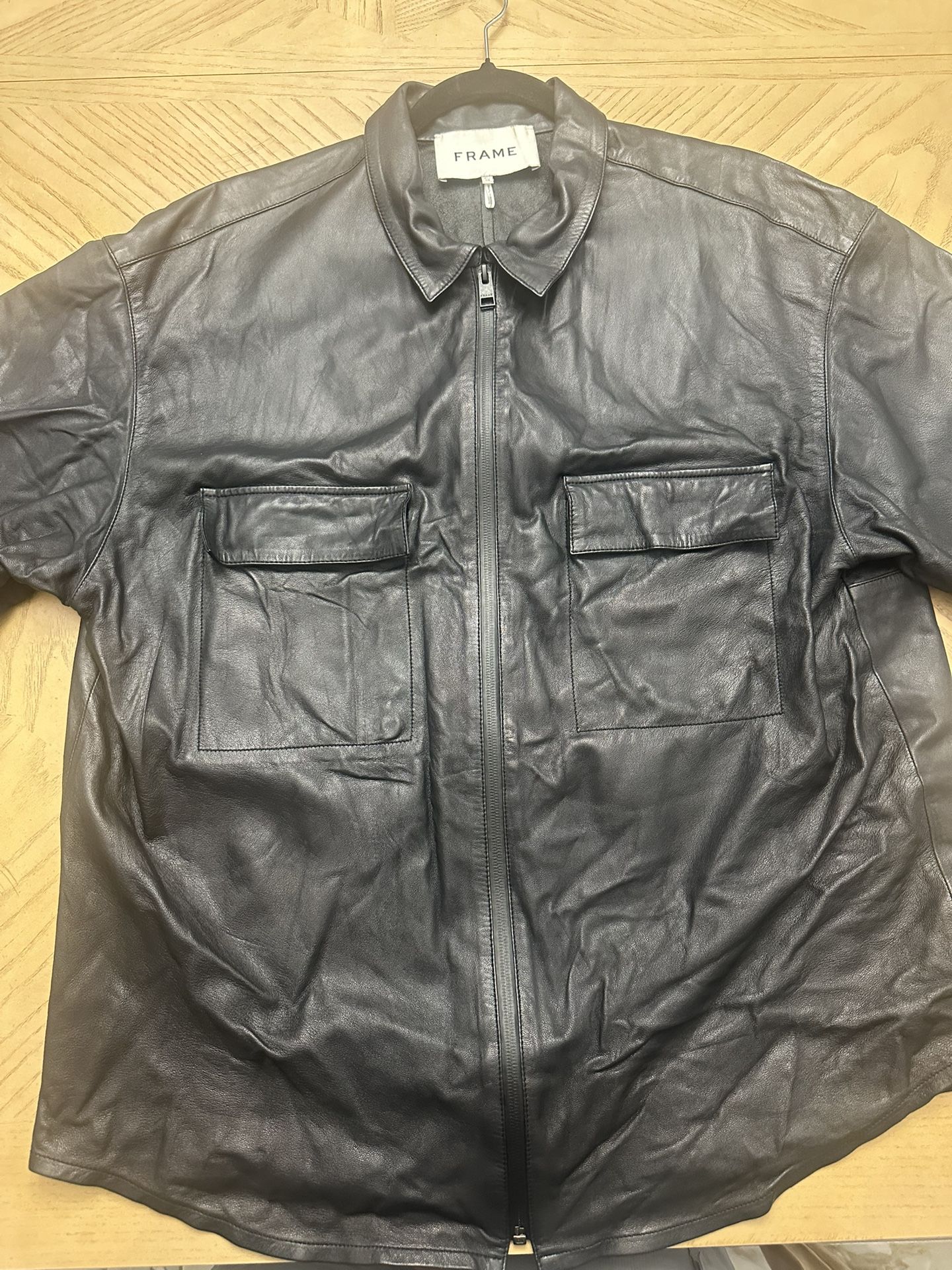 Frame Men's Lambskin Leather Modern Short Sleeve Full Zip Shirt Jacket XLarge