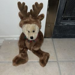 1997 GAC Christmas Plush 12" Tan Teddy Bear w/ Brown Reindeer Removable Hoodie