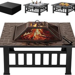 Outdoor Fire Pit, 32 Inch Firepit Table Metal Outdoor Fireplaces with Waterproof Cover for Outside Patio Camping (Black)