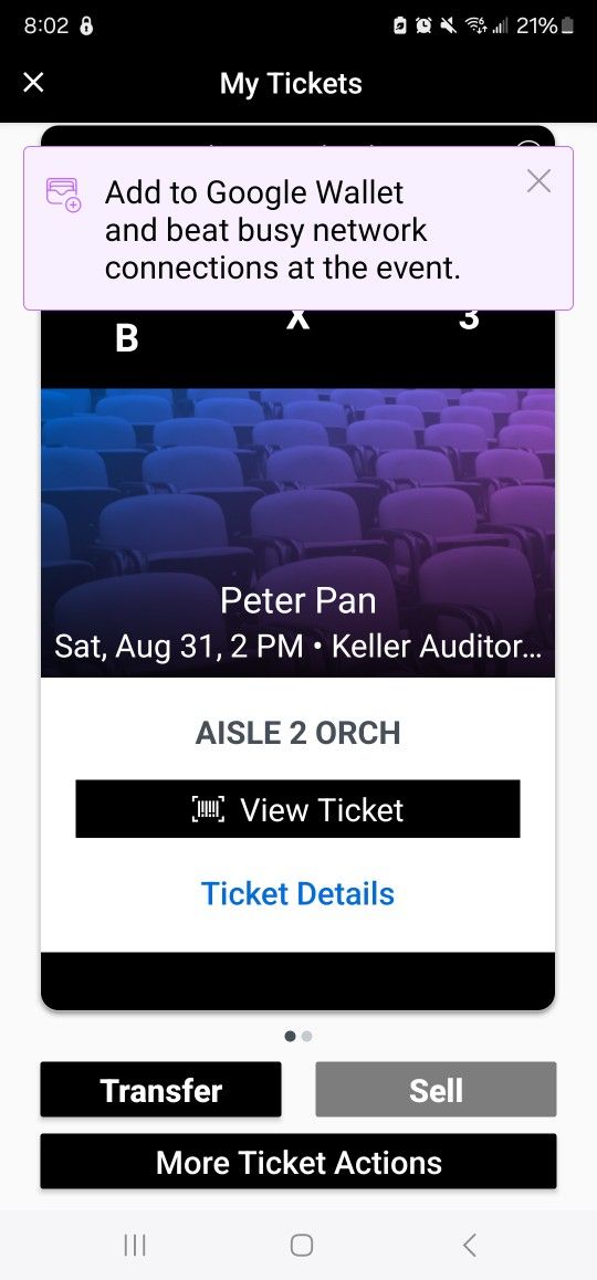 Peter Pan Tickets For Aug 31