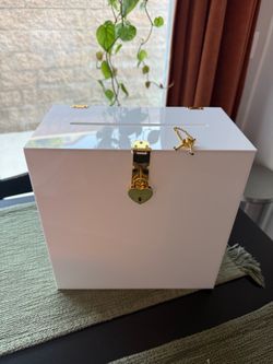 White & Gold Heart Lock Acrylic Card Box, Modern DIY Wedding & Occasion Box, 10x10x5.5 inches