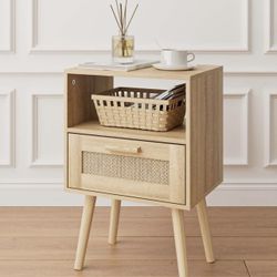 Small Night Stand, Side Table with Drawer Open Shelf, Cane Accent Bedside End Table with Wood Legs