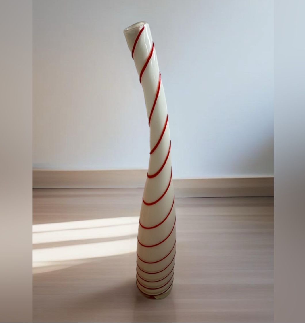 Vintage Murano Large Candy Cane White & Red Stripes Curved Art Glass Vase 24in