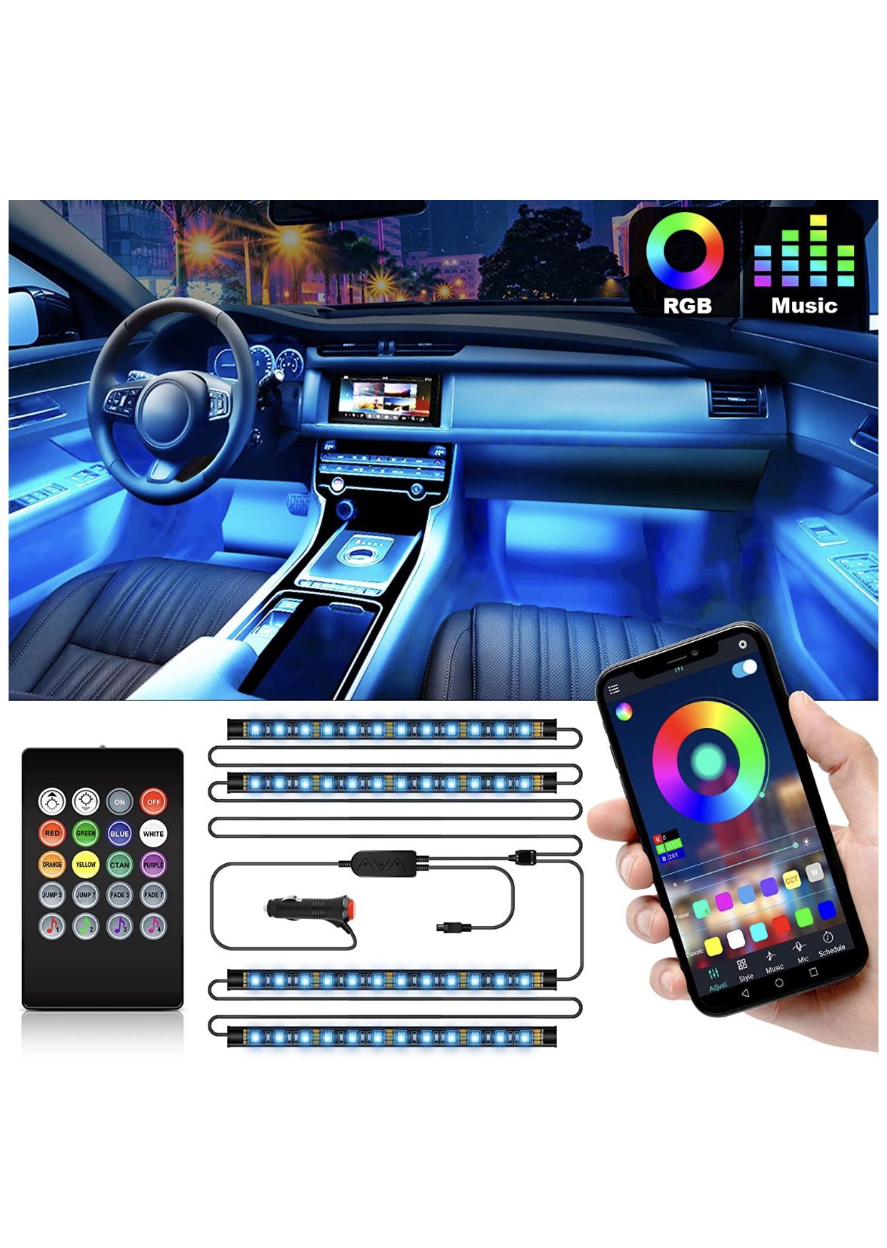 Interior Car Lights, Car LED Strip Lights 2-in-1 Design 4pcs 48 LED Remote and APP Controller Lighting Kits, Waterproof Multi DIY Color Music Car Lig