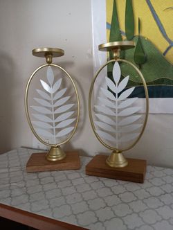 New Set Of 2 Metal & Wood Candle Holders
