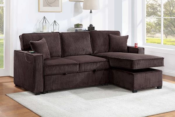 Brand New Black/Gray/Brown/Biege Corduroy Reversible Storage Chaise W/ Cup Holder & USB & USB C Port (89 x 34 x 36H)