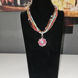 Vintage Floral Silverton Beaded Red and Turquoise Necklace 