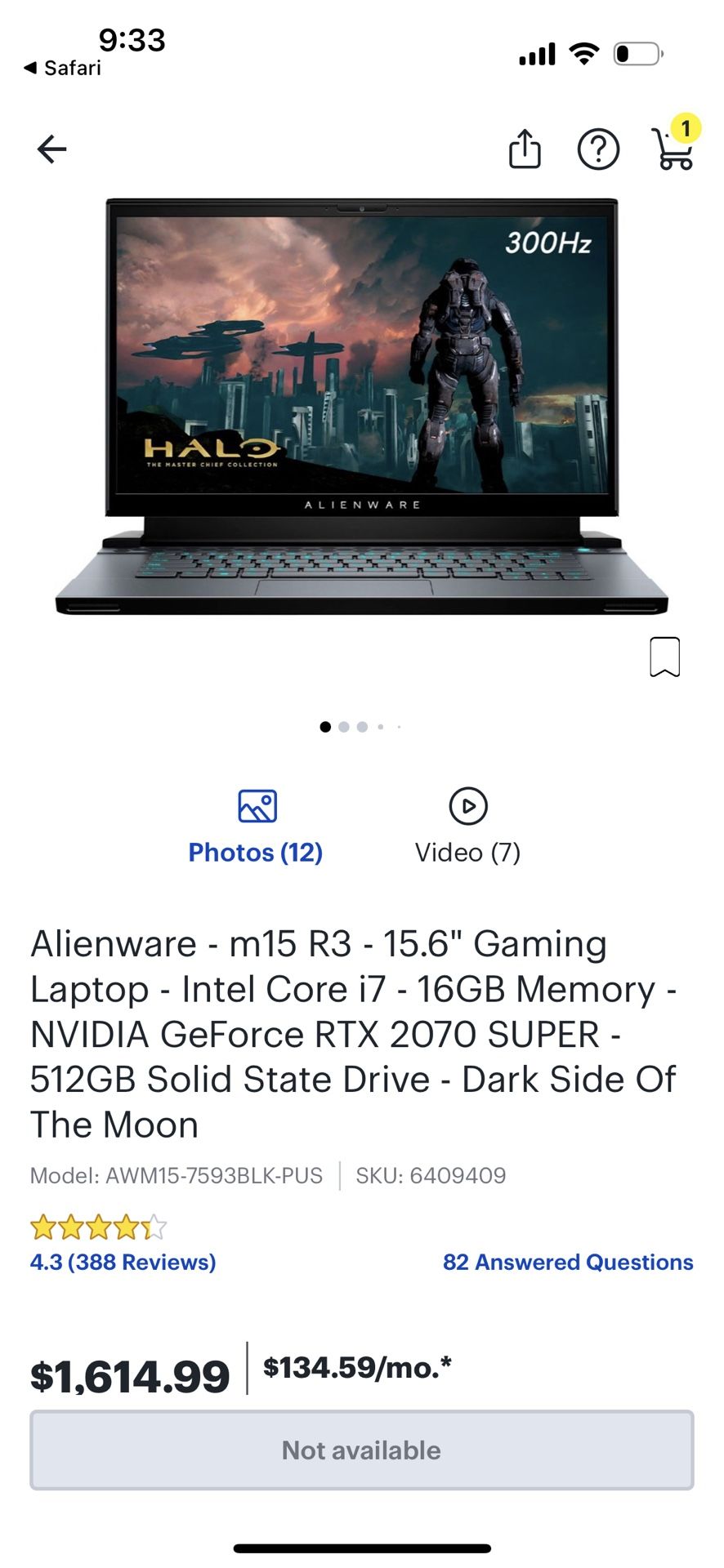 Alienware M15 R3 300HZ Gaming laptop RTX 2070 Super