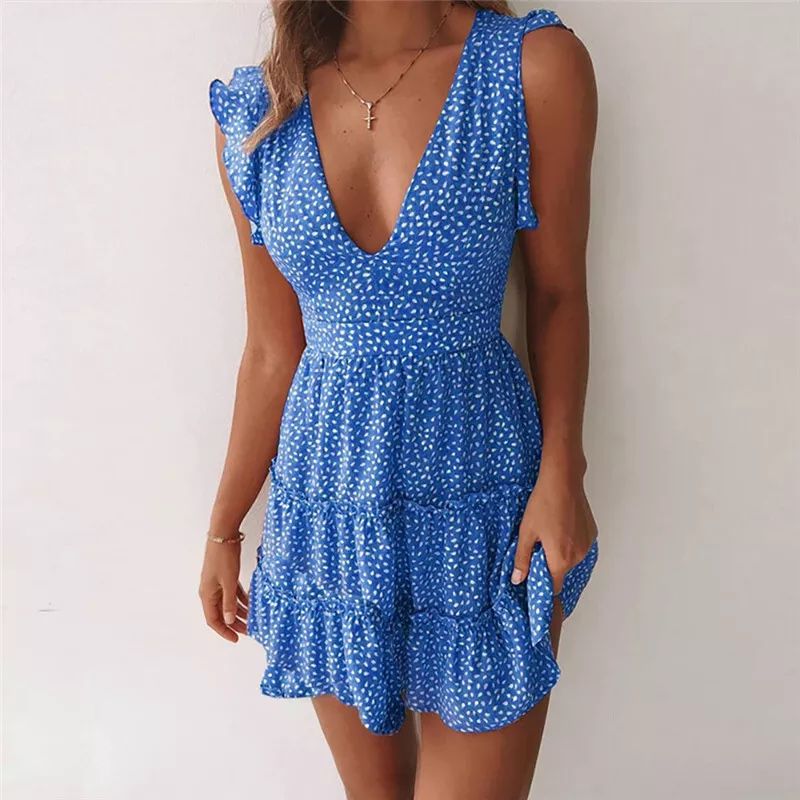 Dress V Neck Holiday Summer Floral Ruffle Ladies Sexy Sundress Mini