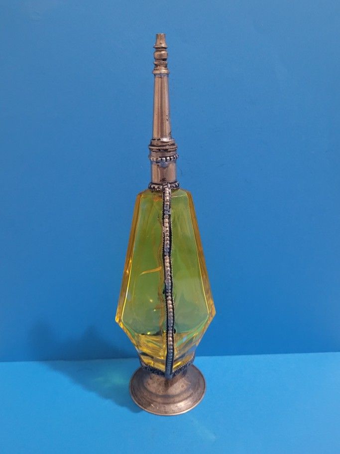 Moroccan Footed Ambar Glass Perfume Bottle Sprinkler Embossed Metal Overlay 10"
