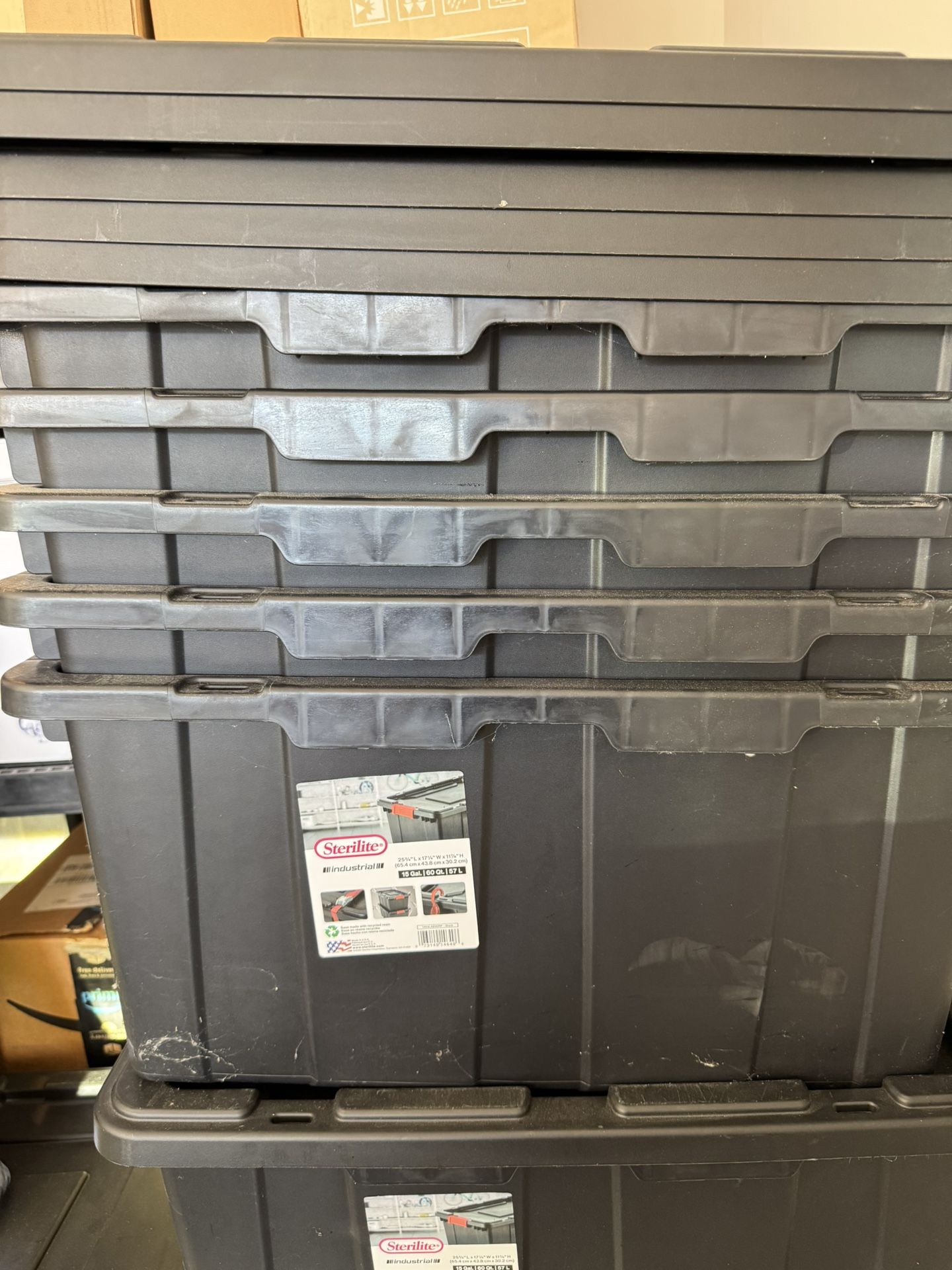 Sterilite 6-Pack Industrial Tote, Plastic Storage Bins with Lids, 15 Gallon, Black - Heavy-Duty Organizing Containers