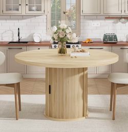 47 Inch Round Dining Table for 4, Kitchen Table with 2-Layer Storage Shelf and a Drawer, Farmhouse Circle Dinner Table for Dining Room, Kitchen, Livin