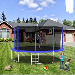 14ft Trampoline with Basketball Hoop,Heavy-Duty Outdoor Trampoline with with Enclosure Net,Upgraded Kids Recreational Trampoline for Family,Blue, New 
