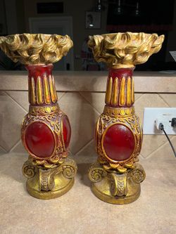 Vintage Pair of Large Ornate Cloisonné Red Candle Stands w/Faux Gold Patina