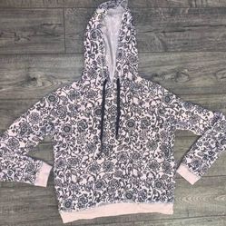 Aeropostale Baby Pink & Gray Floral/Stem-Leaf Print Drawstring Hoodie 