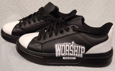 Black & White Sneakers w/ the word WORSHIP & PSALM 95:1 - Men's 11/Women's 13.5