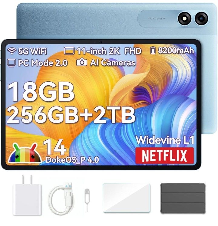 11 inch Android Tablet with 18GB+256GB Storage(Expand to 2TB), Tab 9 WiFI Android 14 Tablets with 2.4K FHD Display, Widevine L1, 8200mAh, 5G WiFi,