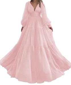 Long Sleeve Tulle Prom Dresses V Neck Puffy Evening Party Gown for Women Princess Wedding Dress