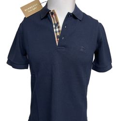 Burberry Mens Navy Check Placket Polo Shirt