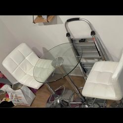 White leather Bar Stools And small Adjustable Glass Table