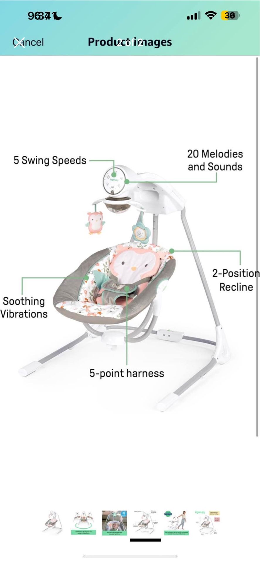 Ingenuity InLighten 5-Speed Baby Swing - Swivel Infant Seat, 5 Point Safety Harness, Nature Sounds,