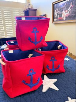 Red Canvas storage Bag box with Navy Anchor