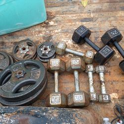 Iron Weights 25 Lb 5 Lb 20 Lb  10 Lb Dumbbell Set Also 25 Lb 10 Lb 5 Lb 2.5 Lb Plates