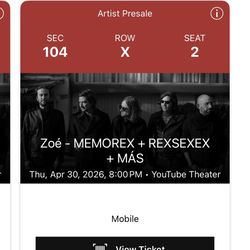 2 Zoe Concert Tickets 