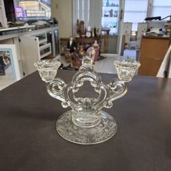 Vintage Cambridge Clear Cut Glass Candleabra With Lovely Etched Base 6"H X 8"W