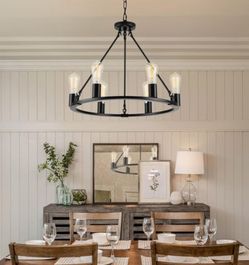 Lampara Candelabro negro de 6 luces sobre mesa, altura ajustable, medida 19"