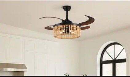 Ceiling Fan 48 in. Indoor 5-Lights Bohemian Wood Beaded Lampshade Black Ceiling Fan with Light Kit and Remote Control, Timer, Dimmable, Reverse