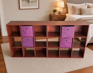 2 cherry color wood 9 cube bookcase w/ fabric storage bin 40 ea 11 1/2 x 36 x 36h..