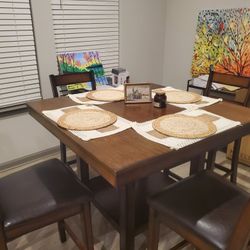 5-Piece Counter Height Dining Set – Table + 4 Chairs, Dark Brown, Storage Shelf