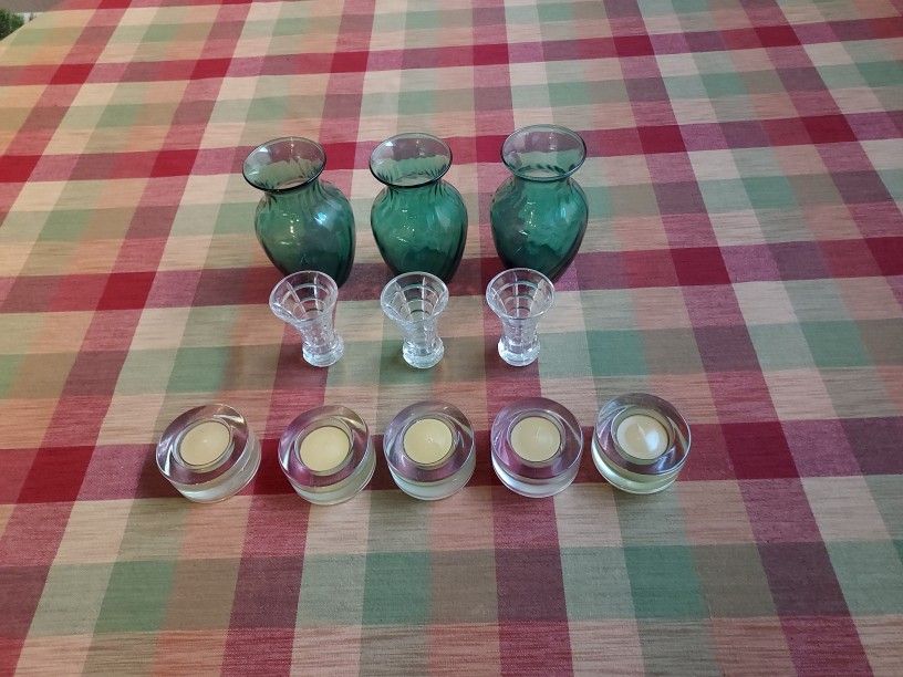 5 Votive Holders, 3 Crytal Bud Vases, 3 Green Swirled Glass Vases