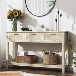 ELYKEN Rattan 51.2" Console Table with 3 Drawer, Entryway Table with Drawer