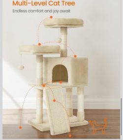 Tree, 45.3-Inch Cat Tower, Plush Condo Scratching Post, Beige 45.3-Inch Cat Tower, Plush Condo with Scratching Post, Ramp, Perch, Spacious Cave, Beige