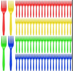 Tioncy 120 Pcs Blue Red Green Yellow Rainbow Disposable Plastic Forks Bulk Colorful Disposable Cutlery Neon Plastic Forks For Holiday Party Picnics Re
