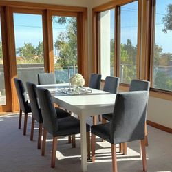 Modern IKEA Extendable Dining Table + 8 Chairs – White & Gray