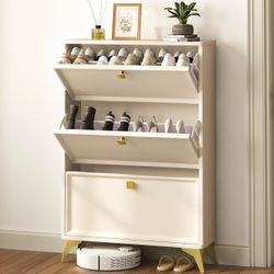 Shoe Storage Cabinet with 3 Flip Drawers, Shoe Rack Cabinet with 3-Tier Removable Shelves and Golde Handles, Freestanding Shoe Organizer with Metal Le