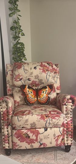 Upholstered Farmhouse Pattern White Manual Push Back Recliner with Solid Wood Legs