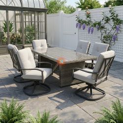7pc Outdoor Patio Furniture Dining Table Set With Sunbrella Swivel Chairs