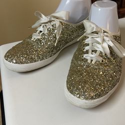 Keds x Kate Spade Glitter Sneakers Shoes Gold Silver Ivory Ribbon Shoes Size 7.5