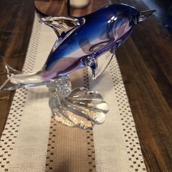 Murano Style Cobalt Blue and Clear Hand Blown 10 inch Glass Dolphin