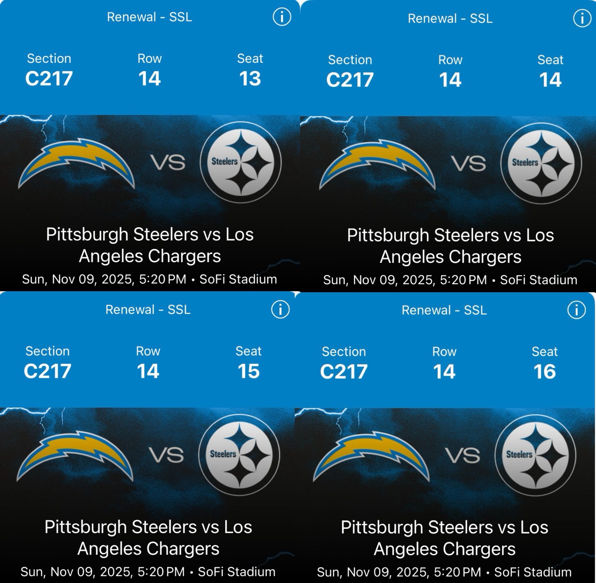Steelers VS Chargers (4 Club tickets) Section 217