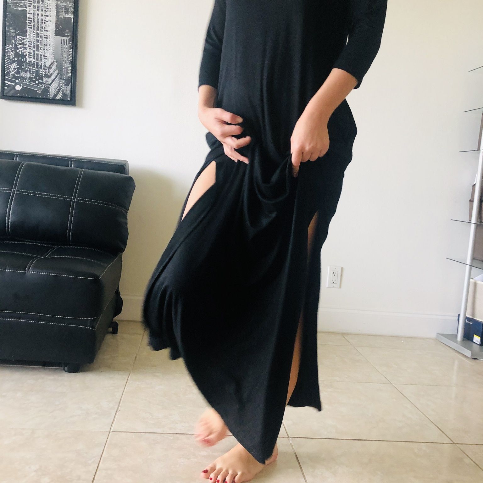 Soft Cotton Stretch Long Dress With 2 Slits And Side Pockets