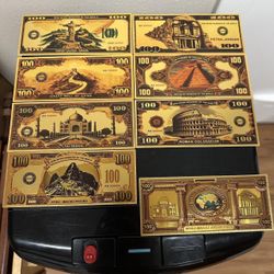 24k Gold Foil Plated New Seven Wonders Of The World Banknote Set Collectible 