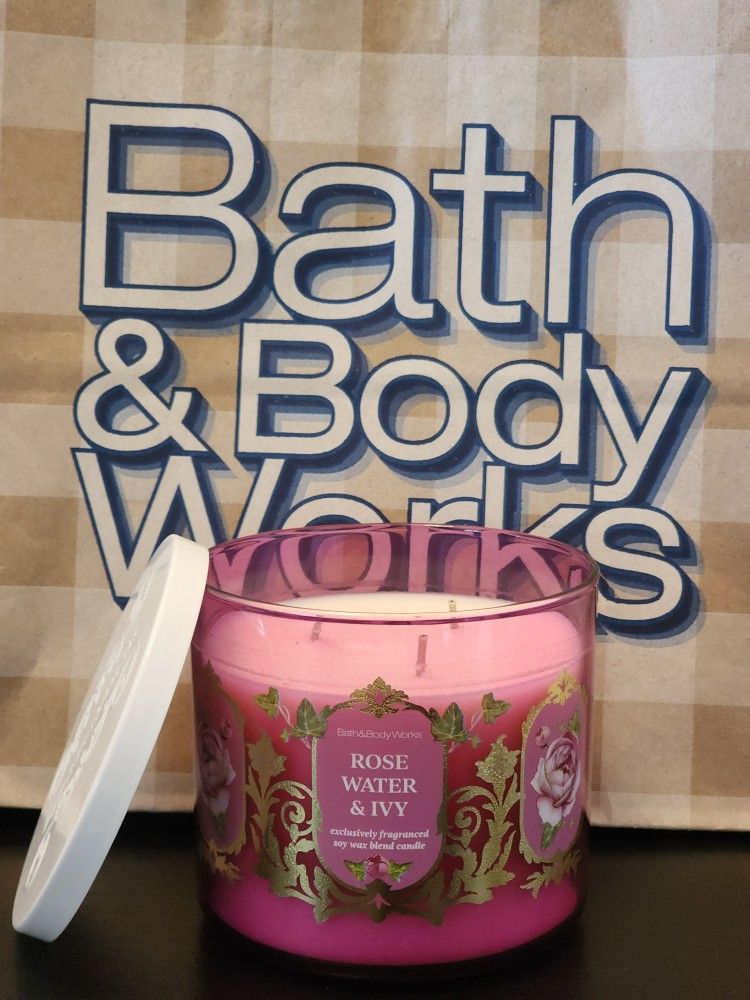 Bath And Body Works 3 Wick Candle Rose Water & Ivy Scent Brand New